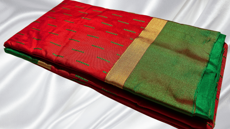 Pencil Kanchi Raindrop Silk Saree - Red & Leaf Green
