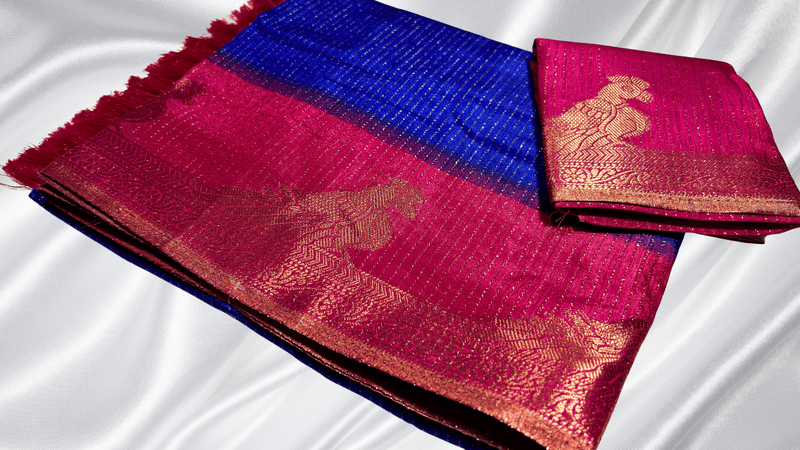 Parrot Gold Line Fancy Silk Saree - Ink Blue & Pink