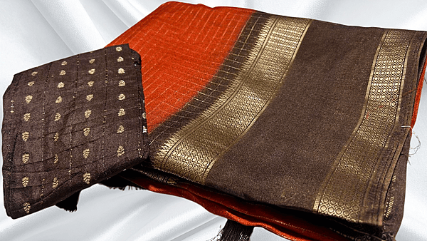 Reena Check Silk Gold Jari Saree - Rust Orange & Plum