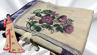 Linen Aari Work Sandal Saree - Blue Purple