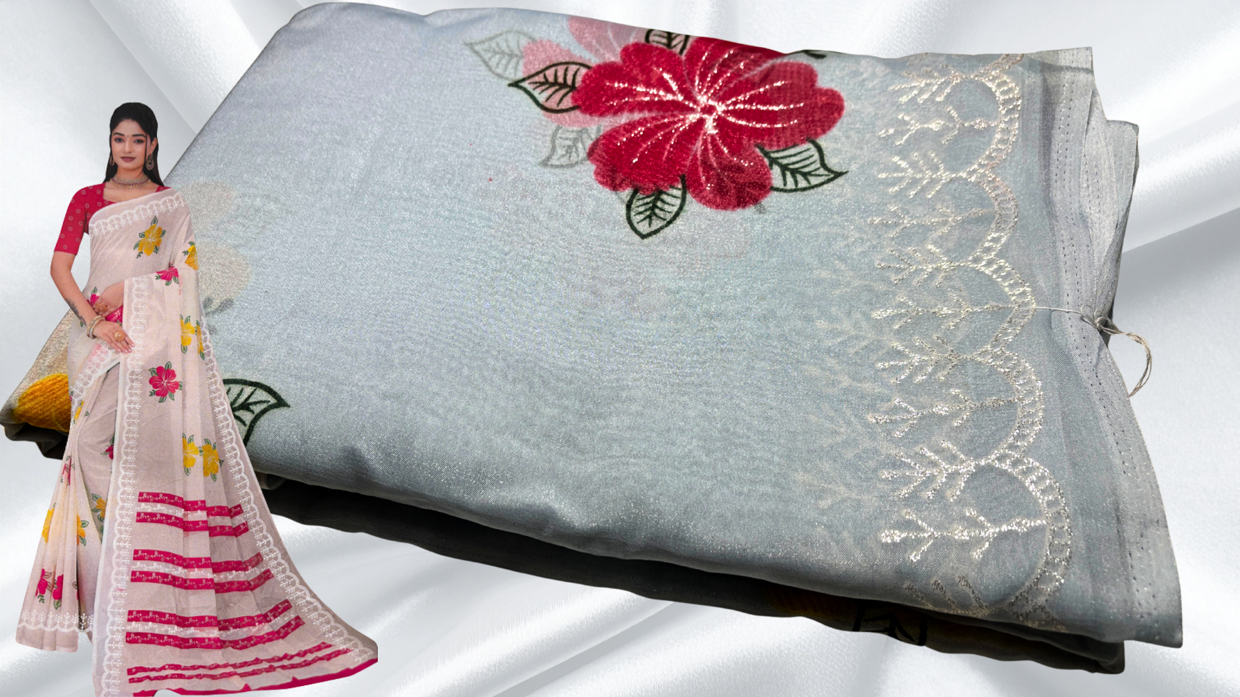 Suchitra Floral Silver Print Saree - Gray