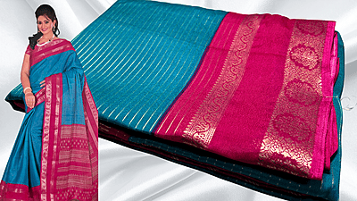 Fine Crep Gold Line Saree - Aqua Blue & Pink Fine Crep Gold Line Saree - Aqua Blue & Pink