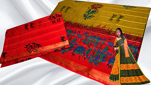 Batik Jari Pure Cotton Saree - Moss Yellow & Red