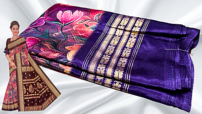 Gold Coin Viscose Digital Floral Foil Saree - Violet