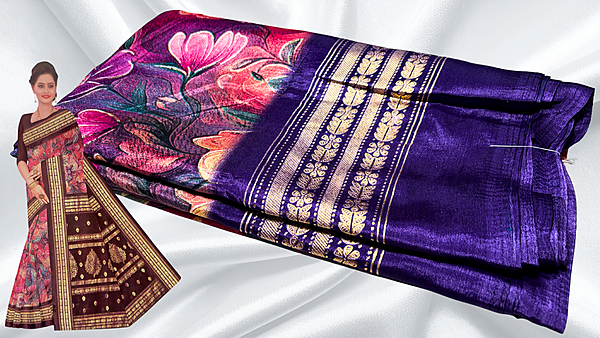 Gold Coin Viscose Digital Floral Foil Saree - Violet