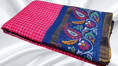 Bentex Cotton Digital Checks Saree - Pink & Ink Blue Bentex Cotton Digital Checks Saree - Pink & Ink Blue