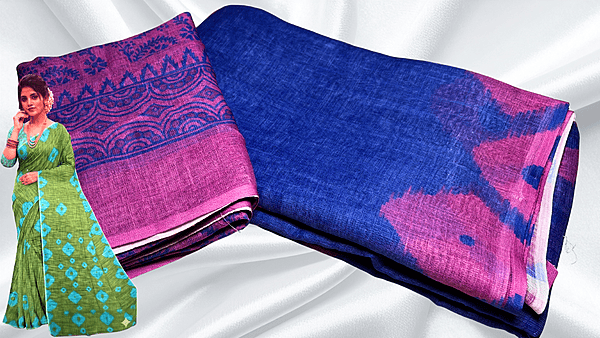 Shibori Cotton Diamond Dye Saree - Ink Blue & Pink