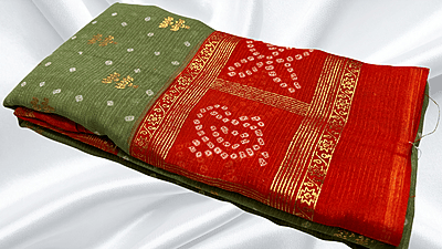 Summer Cool Gold Foil Saree - Moss Green & Red
