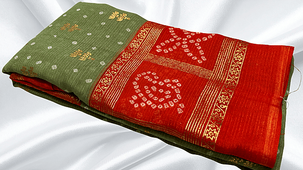 Summer Cool Gold Foil Saree - Moss Green & Red