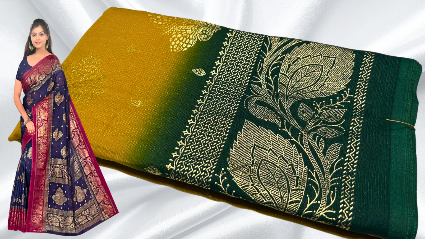 Bhumika Gold Foil Leaf Saree - Mustard & Dark Green Bhumika Gold Foil Leaf Saree - Mustard & Dark Green