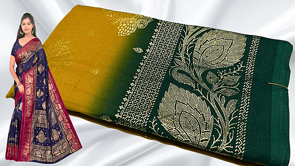Bhumika Gold Foil Leaf Saree - Mustard & Dark Green