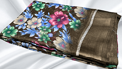 Rich Lady Floral Satin Saree - Brown Rich Lady Floral Satin Saree - Brown