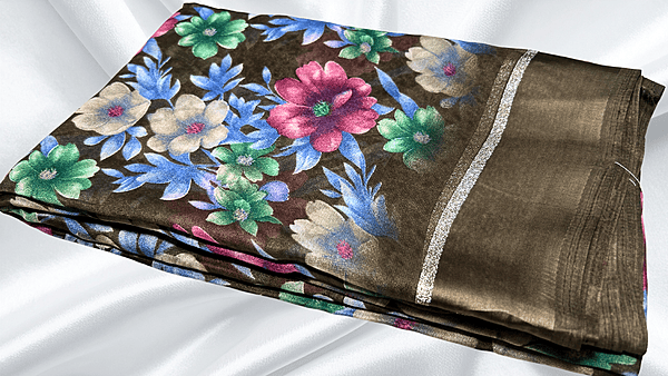 Rich Lady Floral Satin Saree - Brown