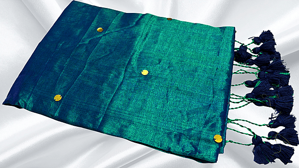Green Peacock Tissue Mirror Work Saree