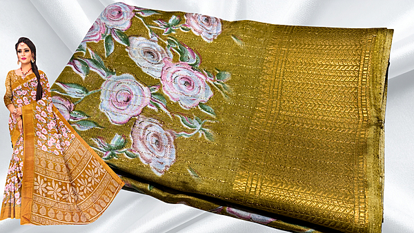 Kangan Soft Jari Floral Dola Saree - Moss Yellow