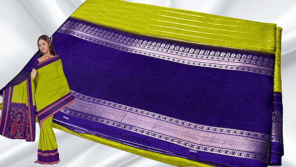 Tiger Silk Gold Jari Saree - Leaf Green & Dark Purple