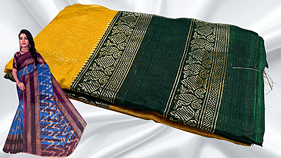 Madhubala Necklace Gold Foil Saree - Mango Yellow & Dark Green Madhubala Necklace Gold Foil Saree - Mango Yellow & Dark Green