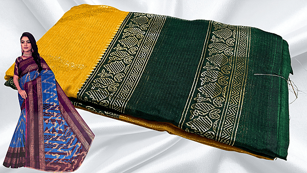 Madhubala Necklace Gold Foil Saree - Mango Yellow & Dark Green