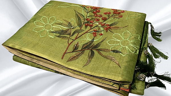 Tissue Silk Thread Work Aari Saree - Pistachio Green