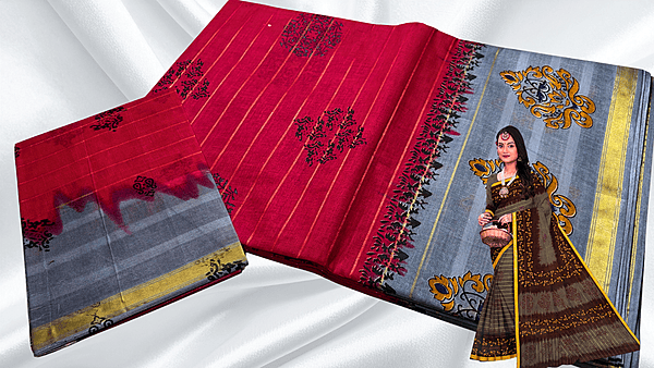 Batik Jari Pure Cotton Saree - Red Pink & Gray