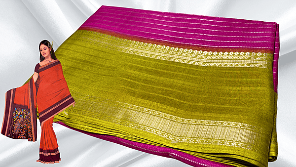 Tiger Silk Gold Jari Saree - Magenta & Moss