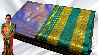 Retta Patta Kanchi Silk Saree - Blue Gold & Pine