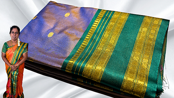 Retta Patta Kanchi Silk Saree - Blue Gold & Pine