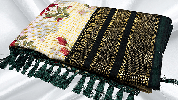 Red Rose Fancy Gold Foil Saree - Dark Green