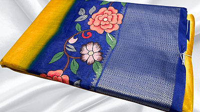 Soft Jequard Silk Floral Saree - Yellow & Ink Blue