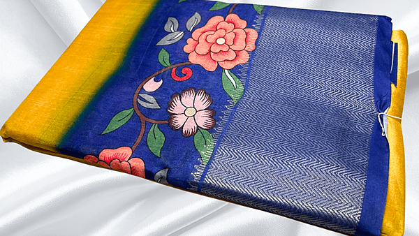Soft Jequard Silk Floral Saree - Yellow & Ink Blue