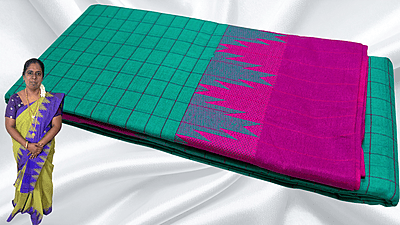 Pure Chettinadu Cotton Temple Checks Saree - Rexona & Magenta