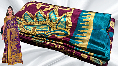 Royal Silk Kalankari Turkey Saree - Dark Plum & Aqua Royal Silk Kalankari Turkey Saree - Dark Plum & Aqua