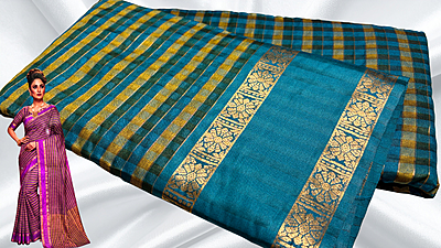 Madarash Fancy Chex Jari Saree - Aqua Blue