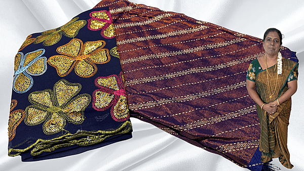 Suchitra Floral Brasso Designer Saree - Dark Blue
