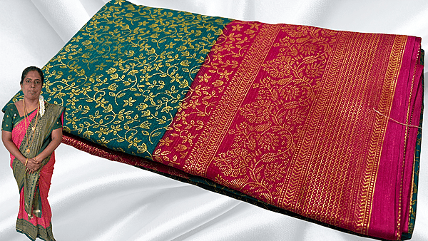 Good Day Gold Foil Vines Saree - Blue Green