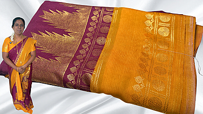 Yellow Silk Georgette Gold Foil Saree - Plum & Mango Yellow Silk Georgette Gold Foil Saree - Plum & Mango