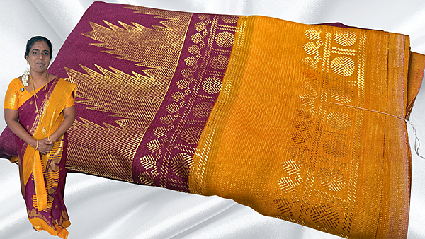 Yellow Silk Georgette Gold Foil Saree - Plum & Mango