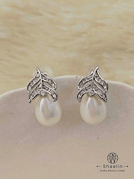 Silver Plated CZ Baguette Leaf & Baroque Pearl Drop Studs