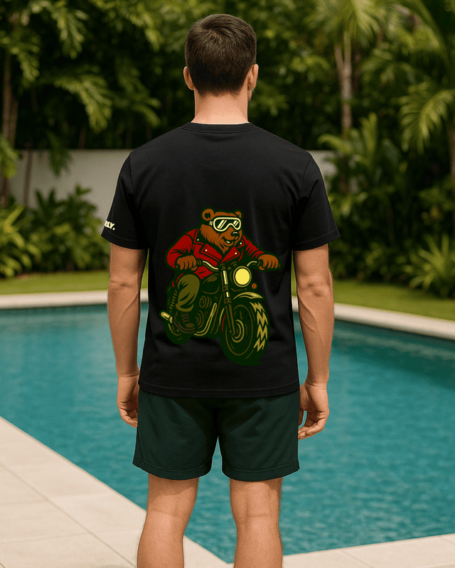 Unisex Black Biker Bear Graphic Printed Crew Neck Tee