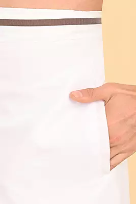 Men’s 100% Cotton Readymade Double-Layer White Veshti with Fancy Border