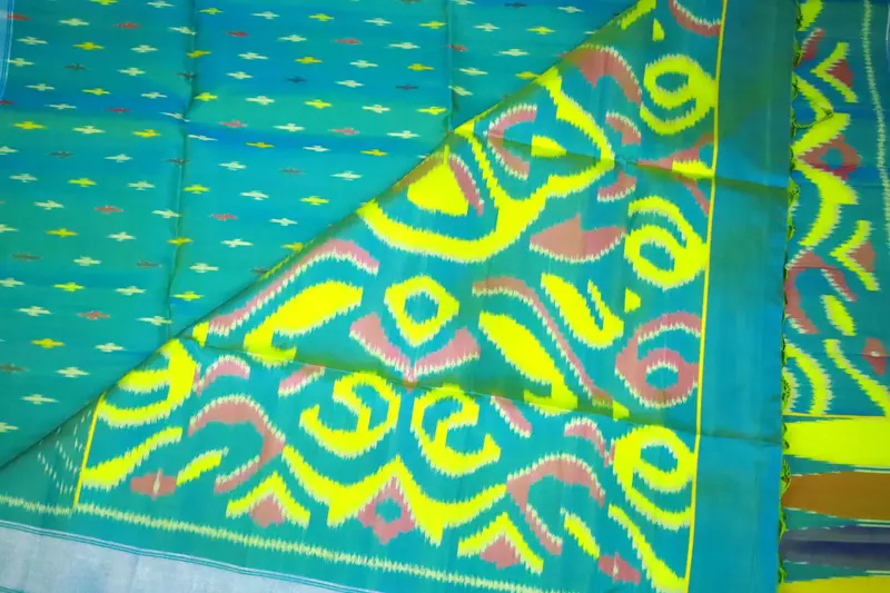 Teal Blue Ikat Silk Saree with Geometric Motifs & Contrast Pallu