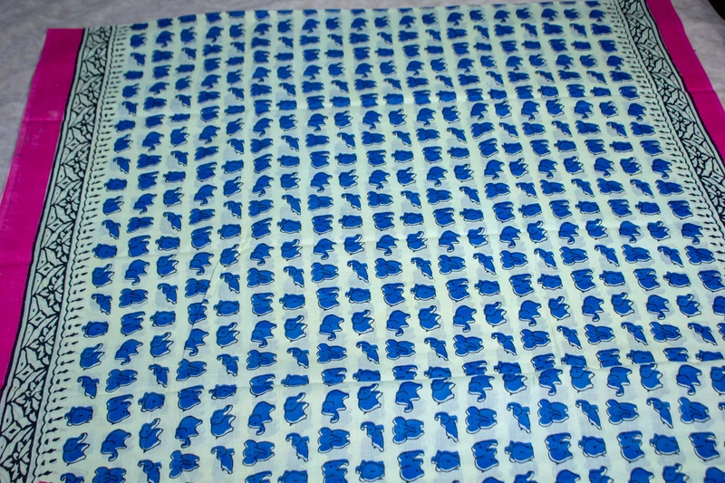 Cotton Handblock - White with Elephant Prints
