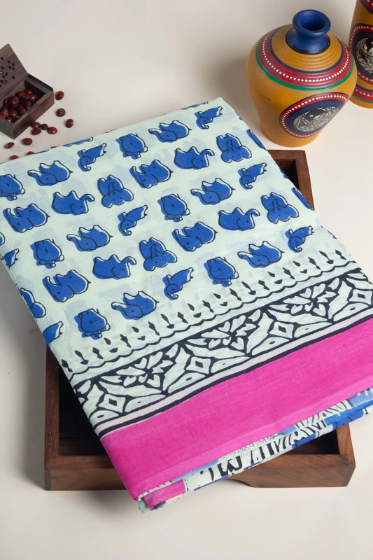 Cotton Handblock - White with Elephant Prints