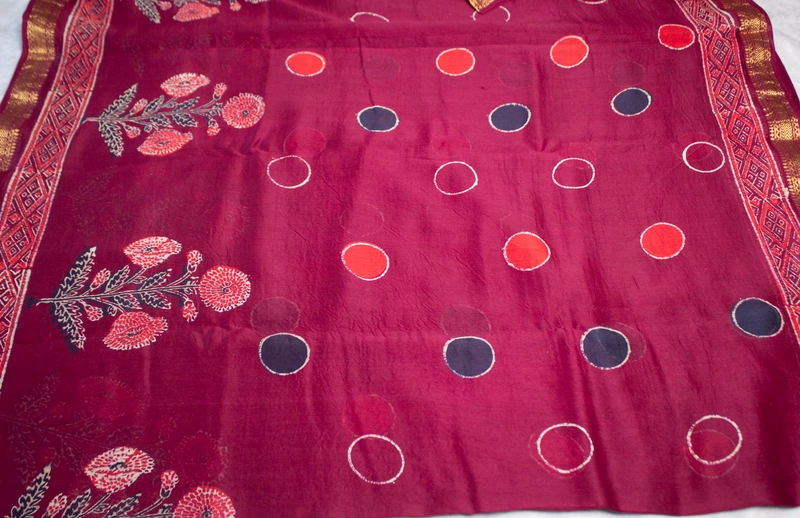 Maheswari Silk - Deep Wine with Floral and Geometric Handblock Prints