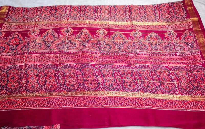 Maheswari Silk - Deep Wine with Floral and Geometric Handblock Prints