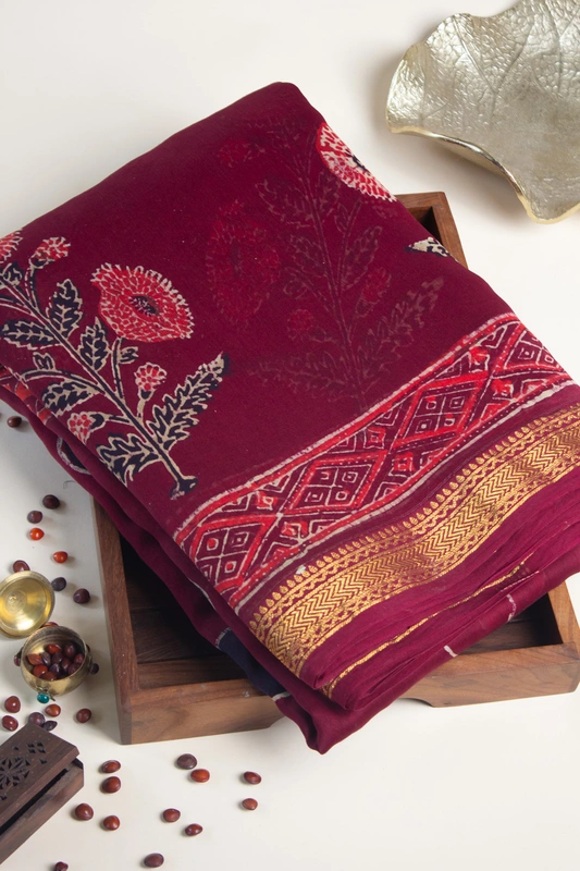 Maheswari Silk - Deep Wine with Floral and Geometric Handblock Prints