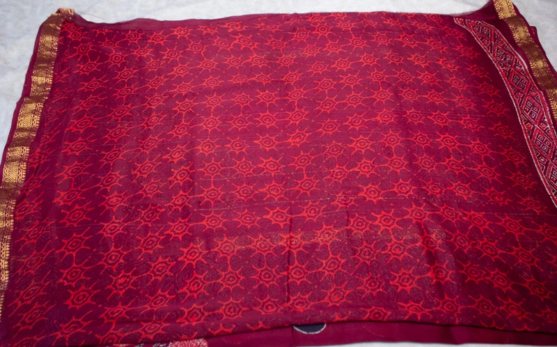 Maheswari Silk - Deep Wine with Floral and Geometric Handblock Prints