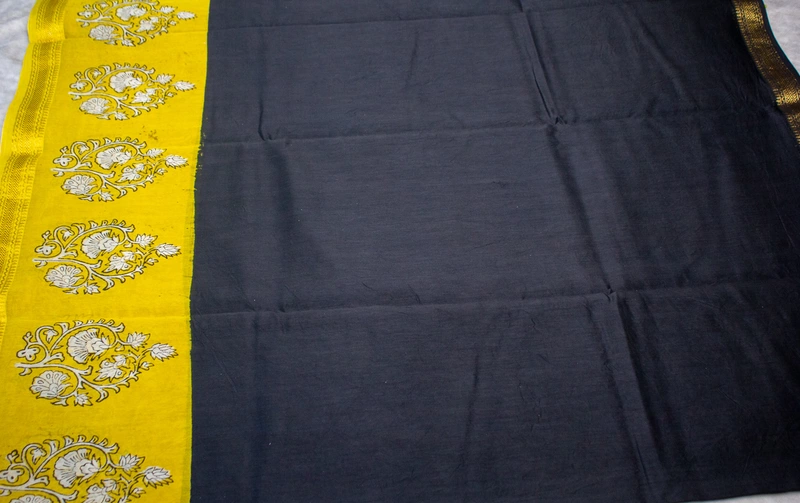 Maheswari Silk -  Black with Mustard Yellow Border with Floral Handblock Prints
