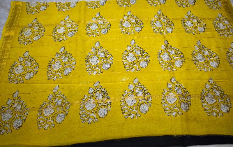 Maheswari Silk -  Black with Mustard Yellow Border with Floral Handblock Prints