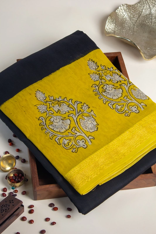 Maheswari Silk -  Black with Mustard Yellow Border with Floral Handblock Prints